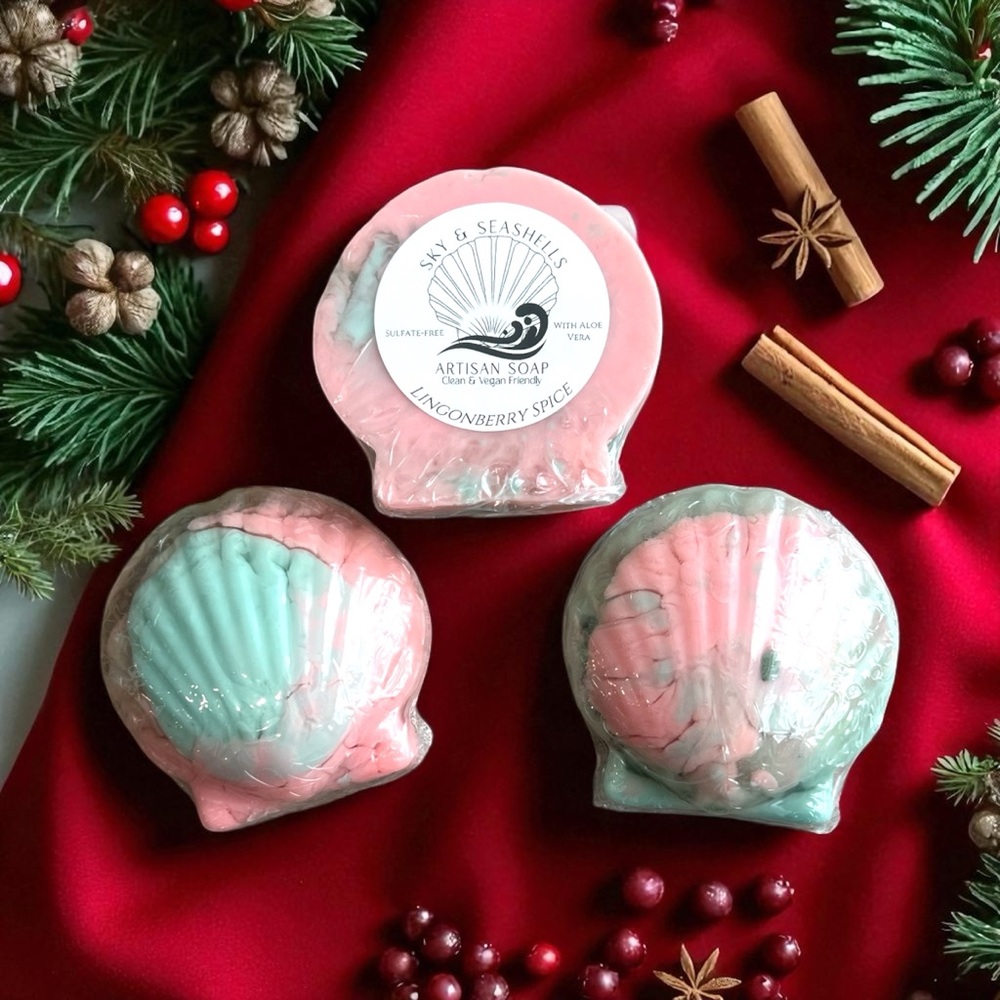Hand Crafted “Lingonberry Spice” Scented Seashell Shaped Lathering Aloe Soap Bar